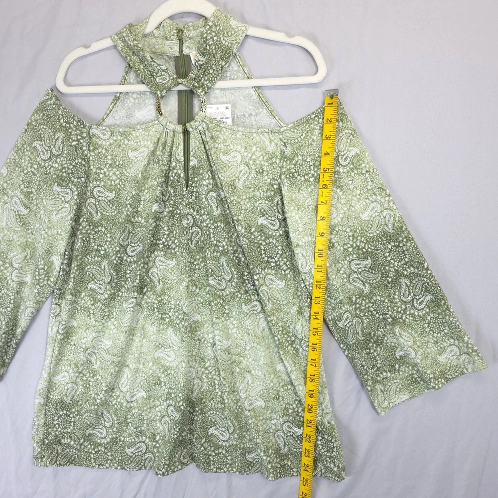 Michael Kors Cold Shoulder Paisley Neck Zipper Halter Top Blouse Army Green L‎